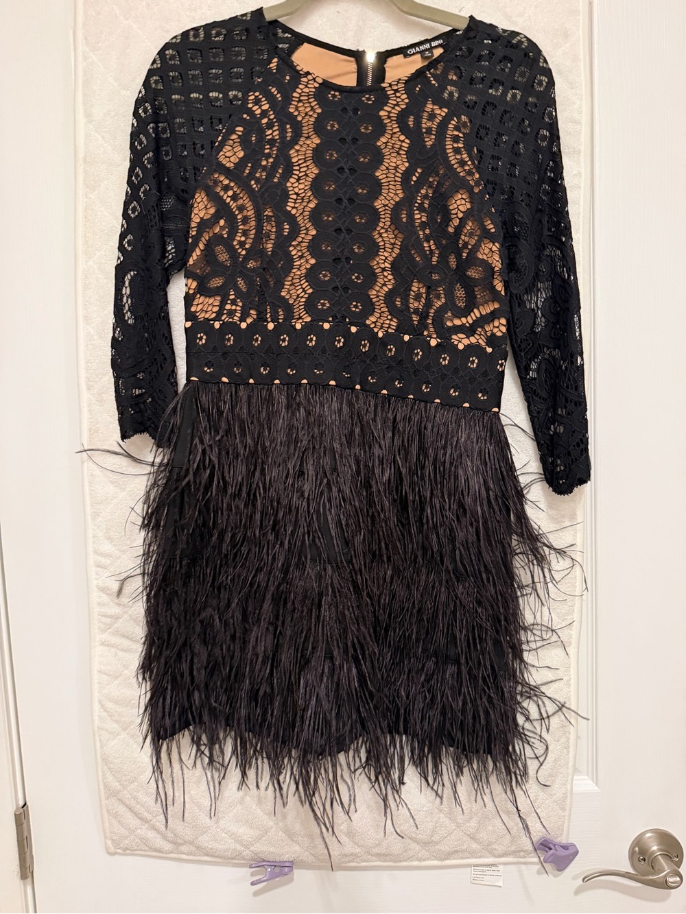Gianni Bini Black Lace & Feather Cocktail Dress
